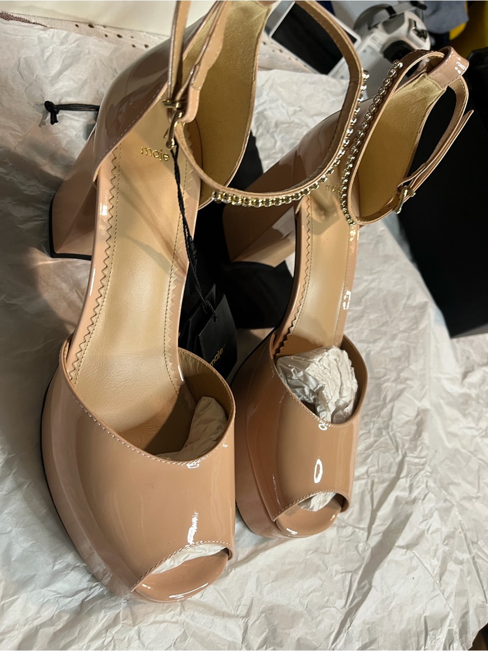 Maje Nude Patent Peep-Toe Platform Heels with Embellished Ankle Strap